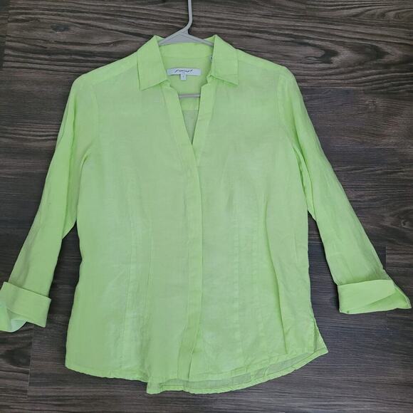 Foxcroft Women's Button Up Blouse Top Size 2 Green 100% Linen Long Sleeve - Picture 1 of 6